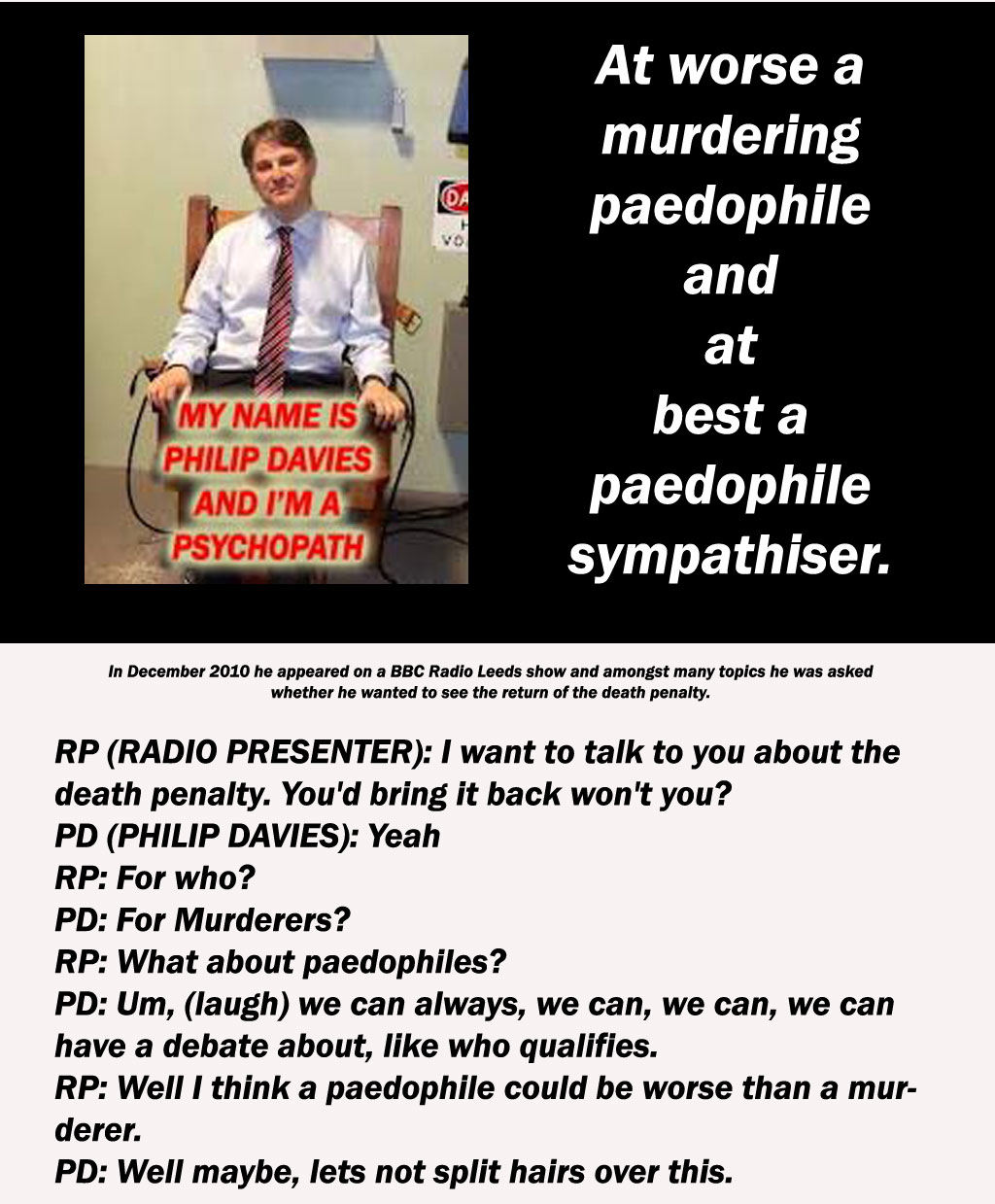 In December 2010 he appeared on a BBC Radio Leeds show and amongst many topics he was asked whether he wanted to see the return of the death penalty.